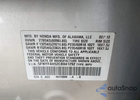 2012 Honda Pilot Ex-L from USA, damaged, VIN 5FNYF4H52CB041292